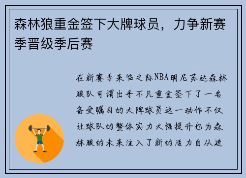 森林狼重金签下大牌球员，力争新赛季晋级季后赛