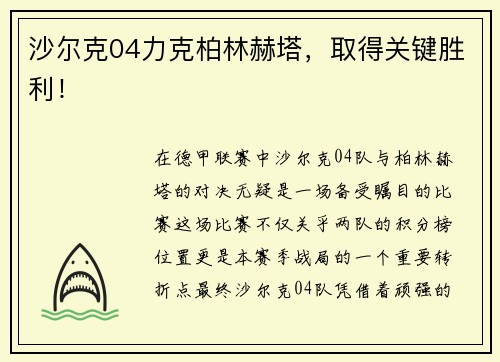 沙尔克04力克柏林赫塔，取得关键胜利！